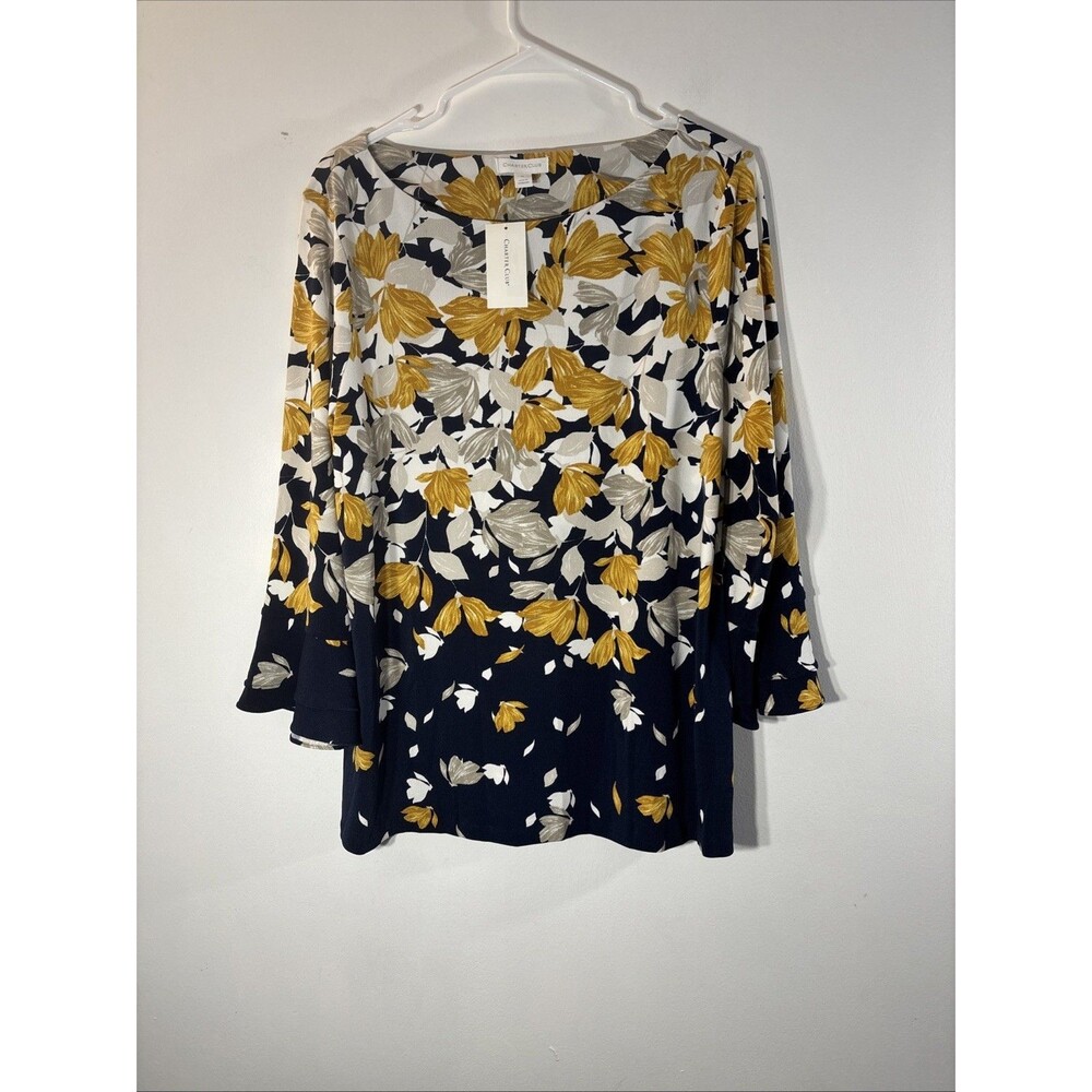 Charter Club Blue Yellow Floral Stretch V Neck Pullover Tunic Top Blouse XL New